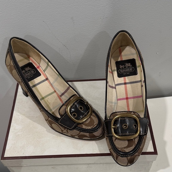 Coach Tan and Black Buckle Heels - Picture 1 of 3